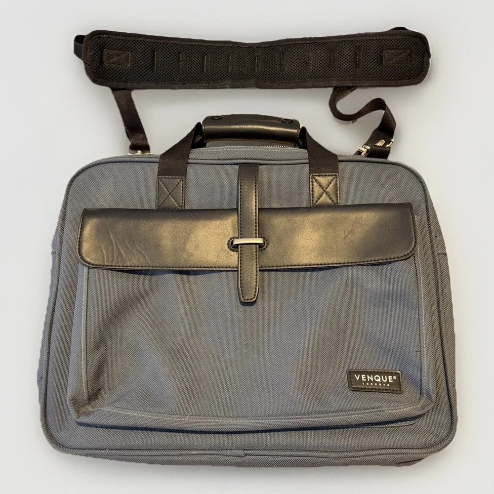 Venque Hamptons Briefcase Laptop Bag Gray Leather Trim 15